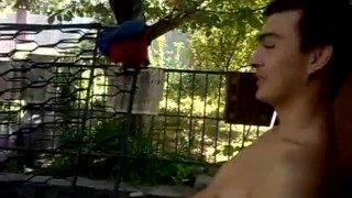 Jerking of on a bench in front of friends